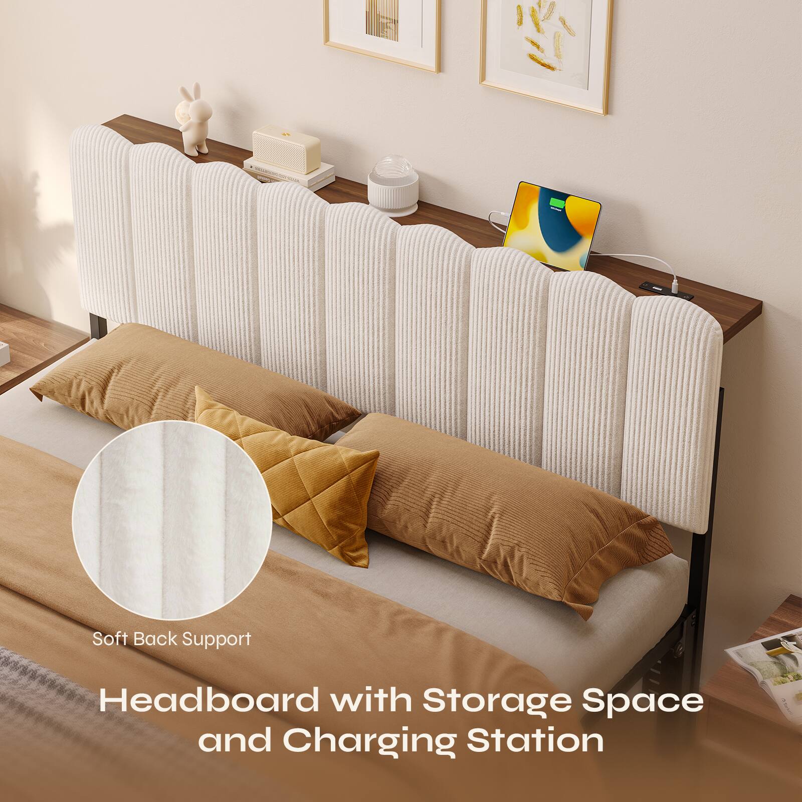 Soft Back Support Headboard with Storage Space and Charging Station