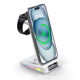 RISOKEYS - 3-in-1 Desktop Wireless Charger - Magnetic Folding Clock Lamp Stand, Compatible with Phone - Only Apple Watch - White