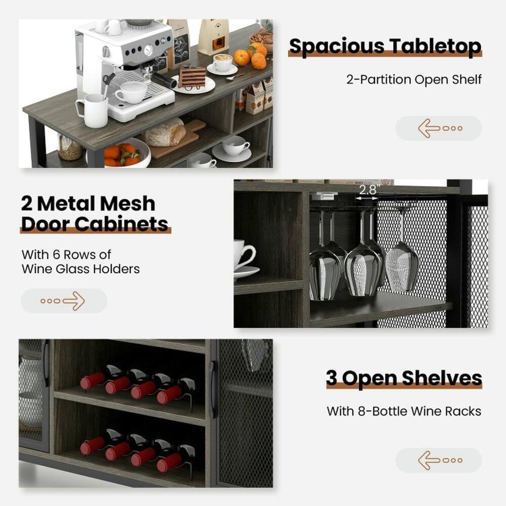 Spacious Tabletop  
2-Partition Open Shelf  

2 Metal Mesh Door Cabinets  
With 6 Rows of Wine Glass Holders  

3 Open Shelves  
With 8-Bottle Wine Racks