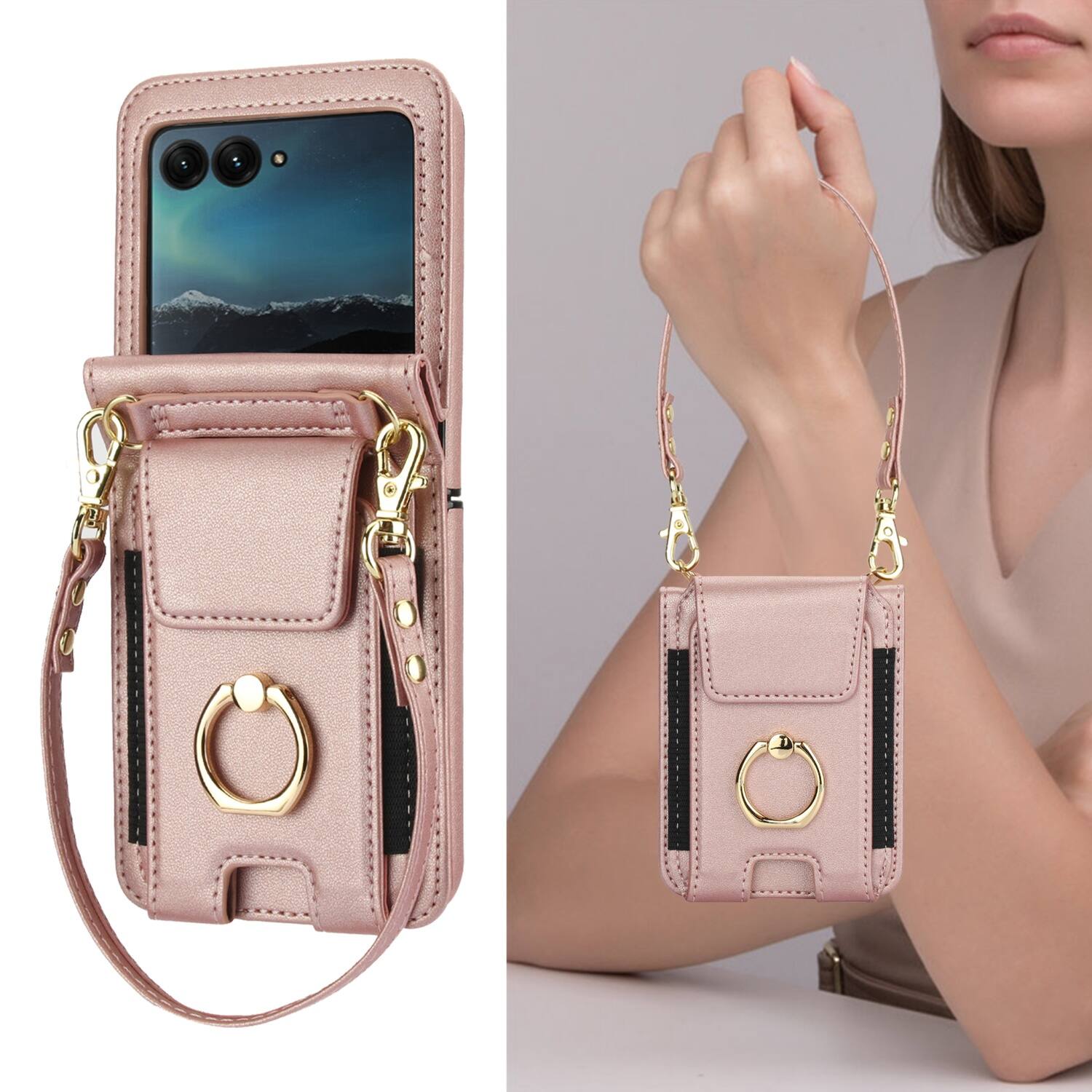 Alt View 4. Dteck - For Samsung Galaxy Z Flip8 Shockproof Leather Ring Kickstand Protective Wallet Case with Shoulder Strap / Lanyard - Rosegold.