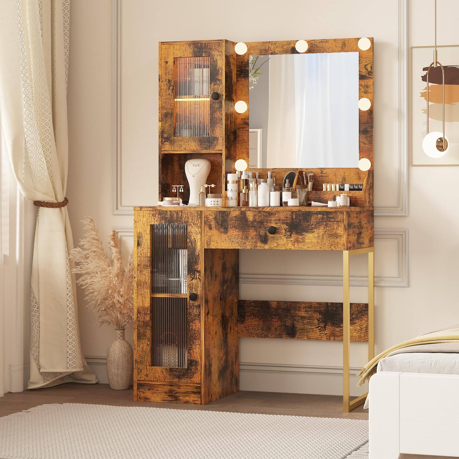 Front. Babevy - Makeup Vanity Desk w/ Mirror, RGB Lights, Charging Station, Wood Finish for Bedroom & Girls - Rotten Wood Color.
