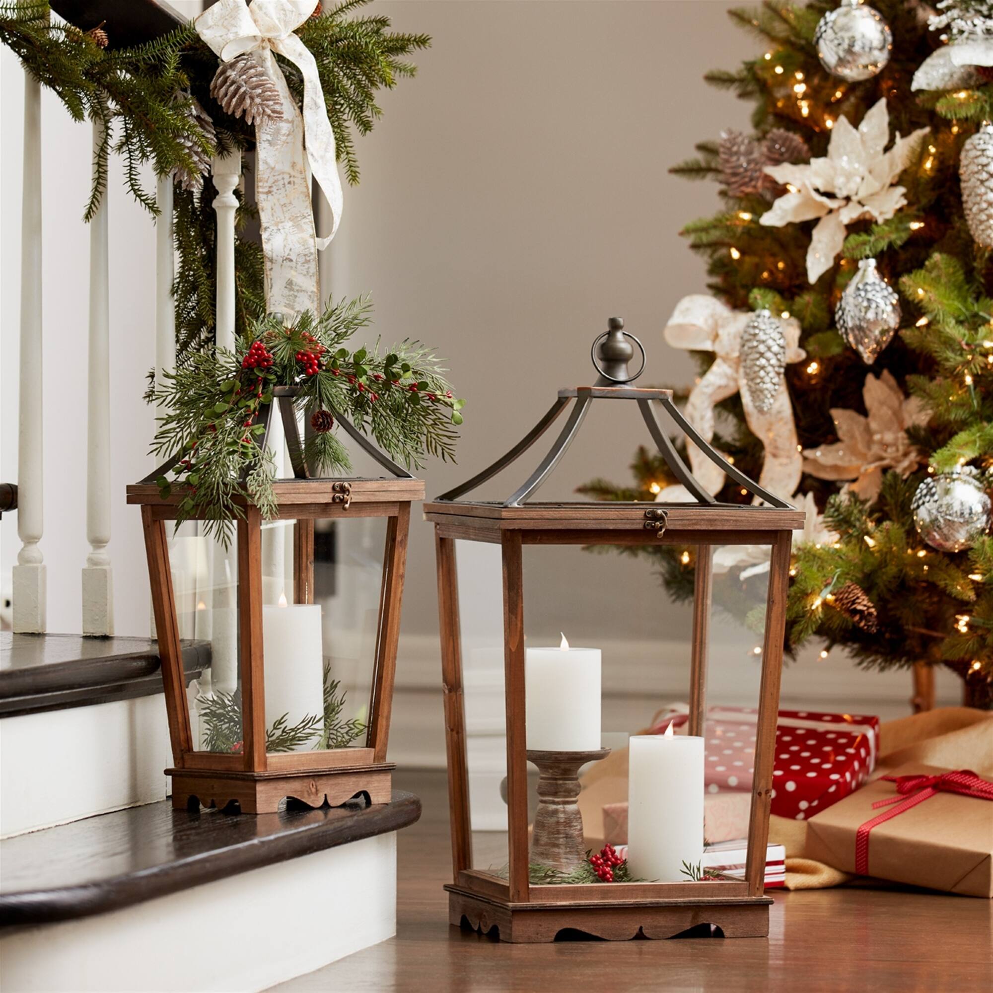 Alt View 1. BreeBe - Natural Wooden Lantern with Open Top (Set of 2) - Brown, Grey.