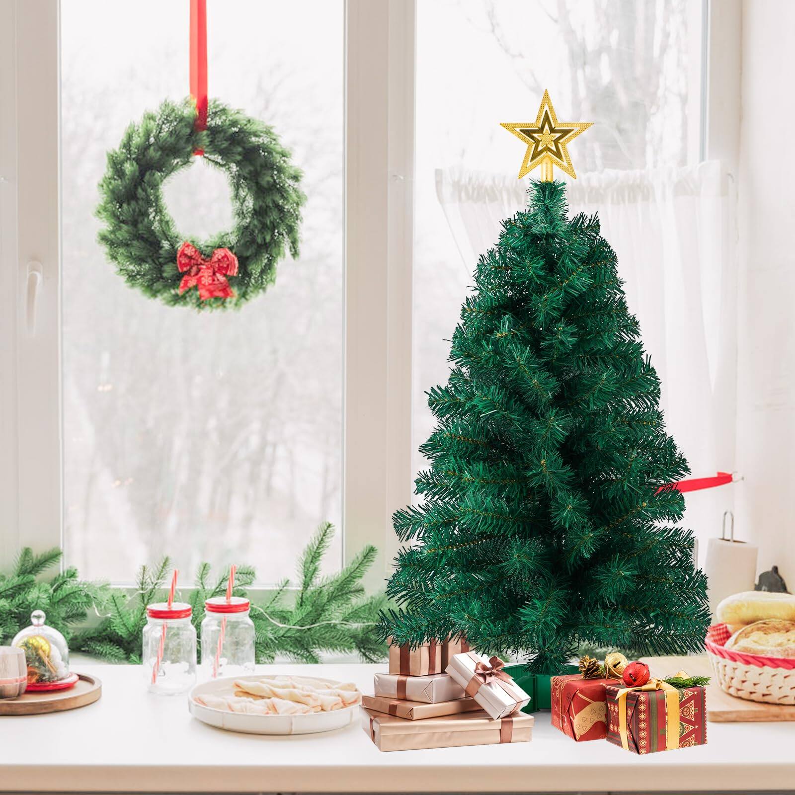 Alt View 3. Stylel Star - 3ft Artificial Christmas Tree with Gold Tree Topper Star, Mini Xmas Pine Tree with 4-Leg Stable Plastic Base,... - Default.