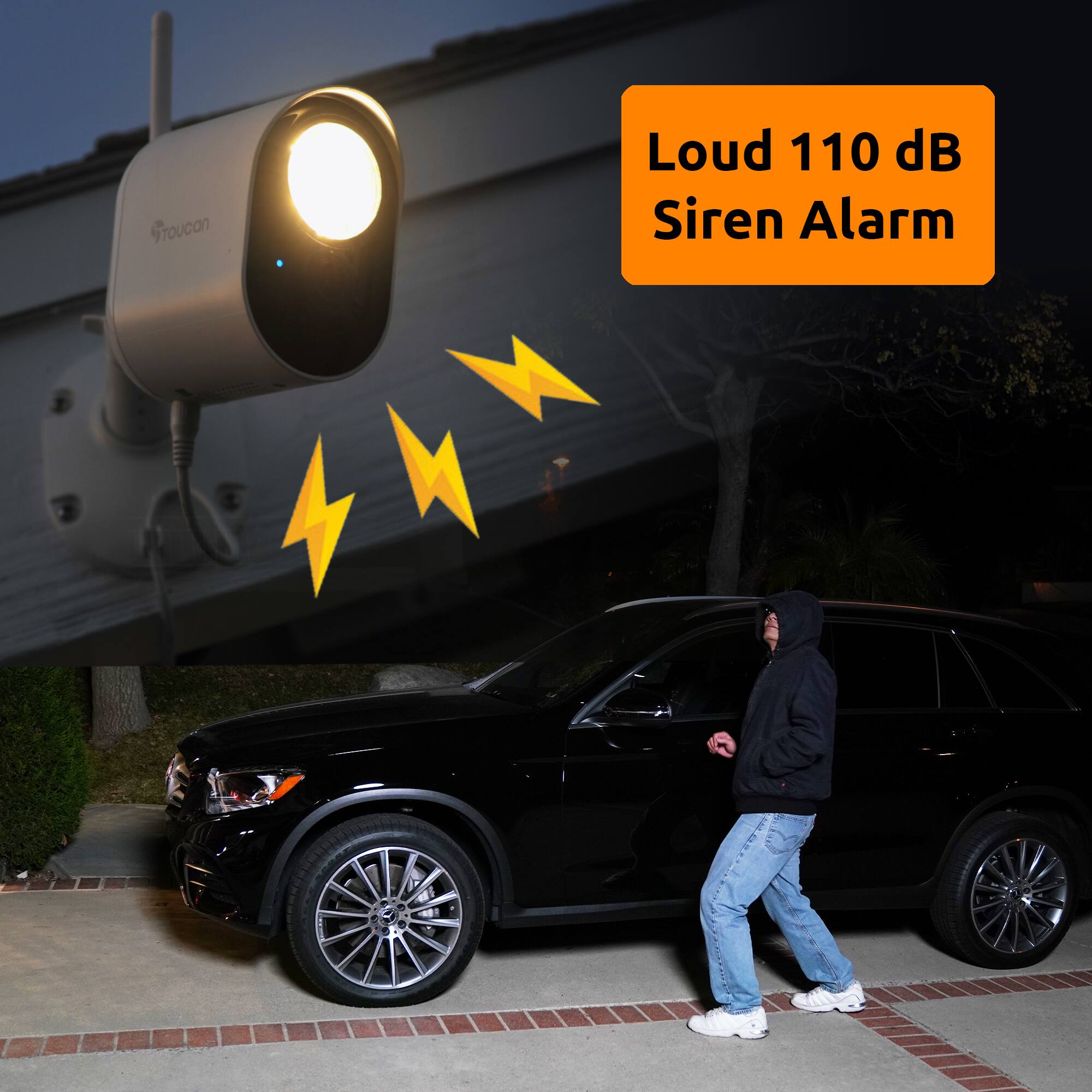 The text on the image is: "Loud 110 dB Siren Alarm."