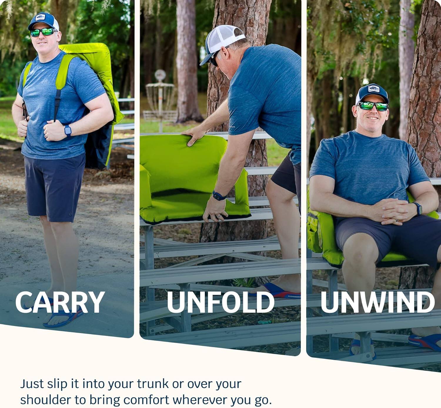 CARRY  
UNFOLD  
UNWIND  

Just slip it into your trunk or over your shoulder to bring comfort wherever you go.
