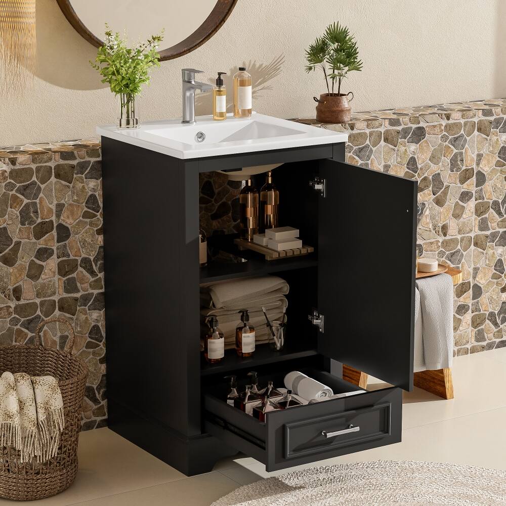 Angle. Loheer - Loheer 20 Inch Bathroom Vanity with Sink, Black Freestanding Vanity, One Drawer & Adjustable Shelf - Black.