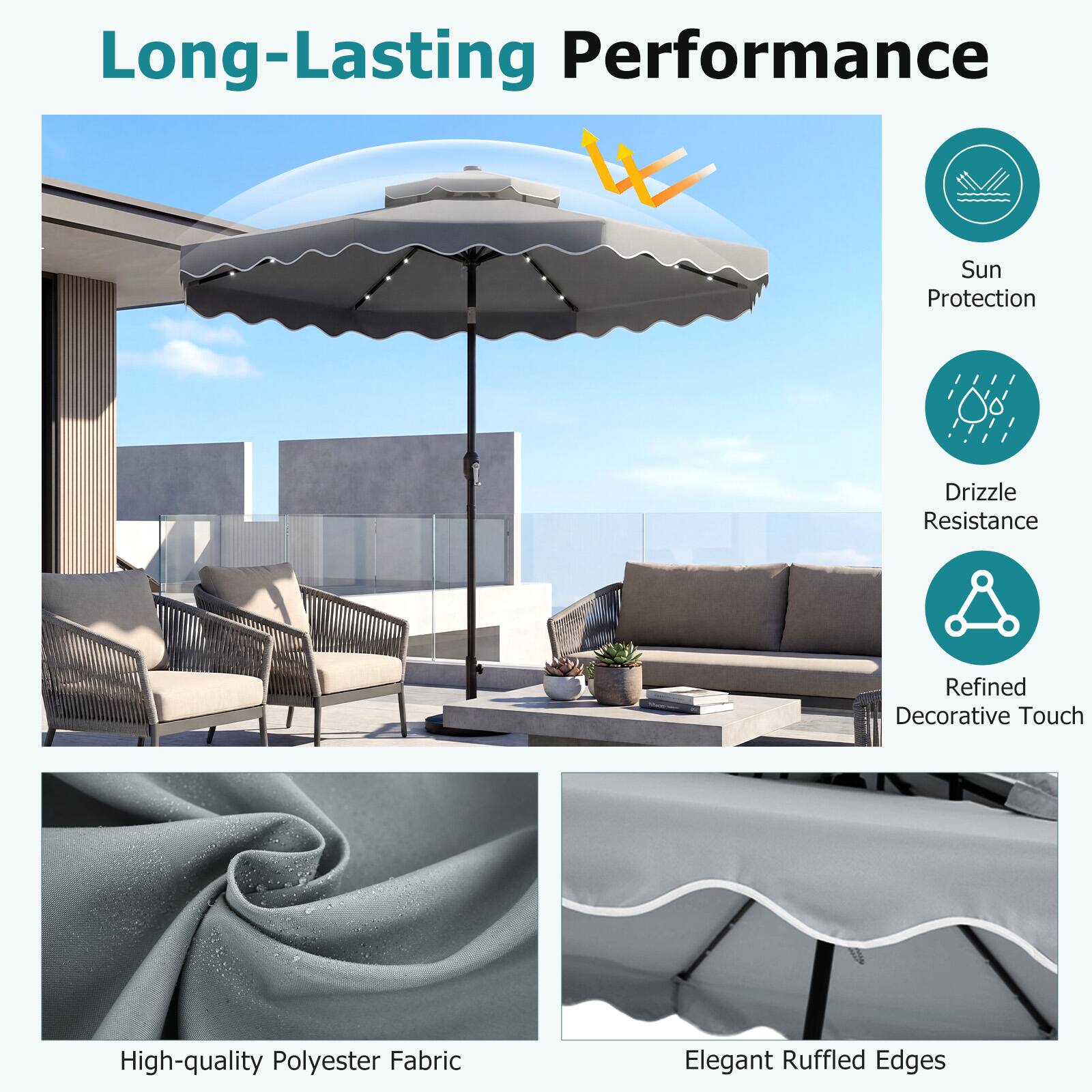 Long-Lasting Performance  
- Sun Protection  
- Drizzle Resistance  
- Refined Decorative Touch  
- High-quality Polyester Fabric  
- Elegant Ruffled Edges