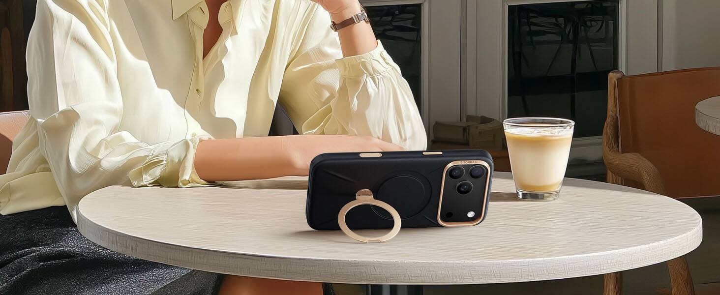 Alt View 4. TORRAS - TORRAS Ostand Q3 Vegan Leather Case for iPhone 18 Pro Max / iPhone 17 Pro Max, Magnetic Case with 360° Ring Stand - Obsidian Black.