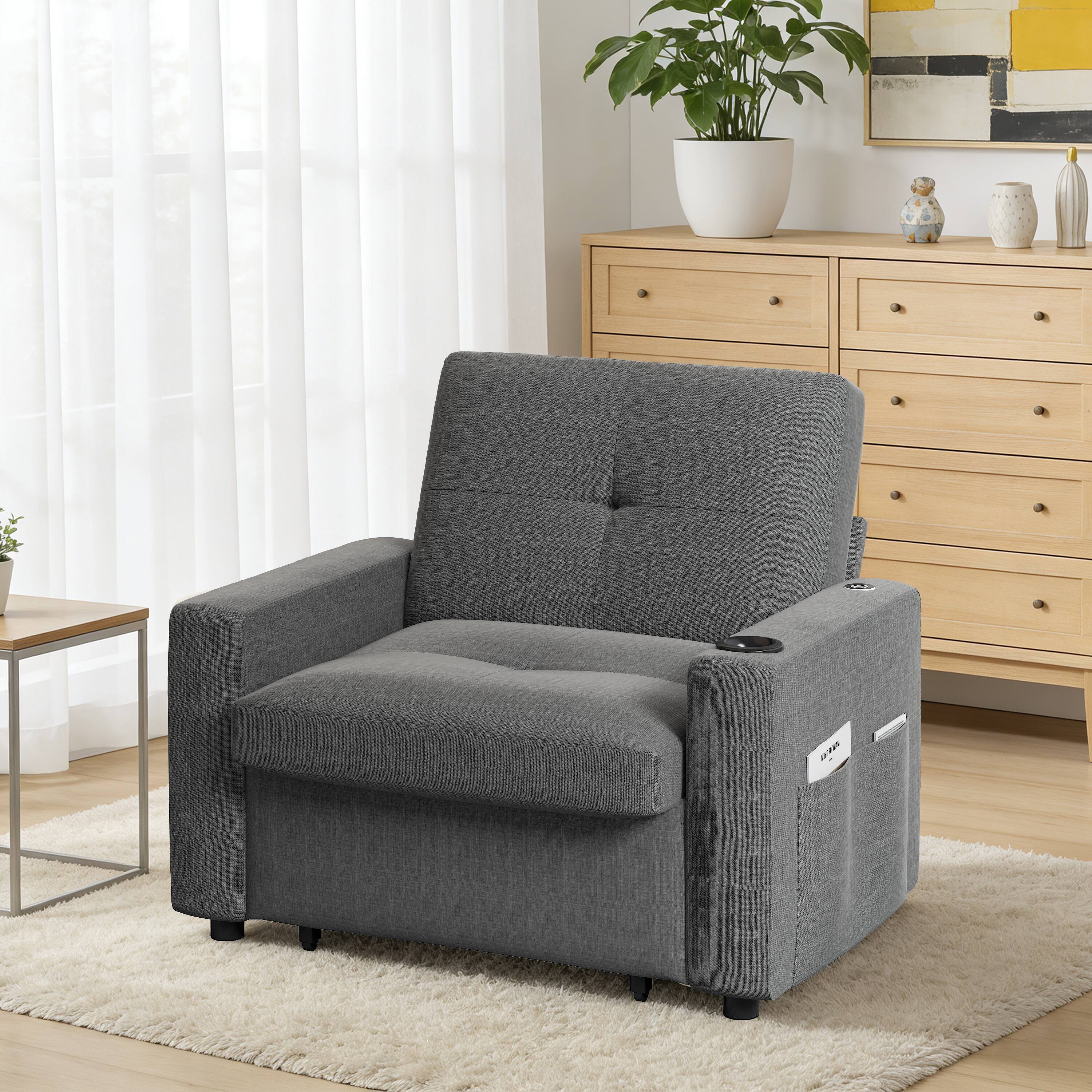 Angle. Dyonery - Sleeper Sofa Bed Chair, 3-in-1 Convertible Reclining Sofa Chair with Pull Out Couch Bed, Adjustable Backrest - Grey.