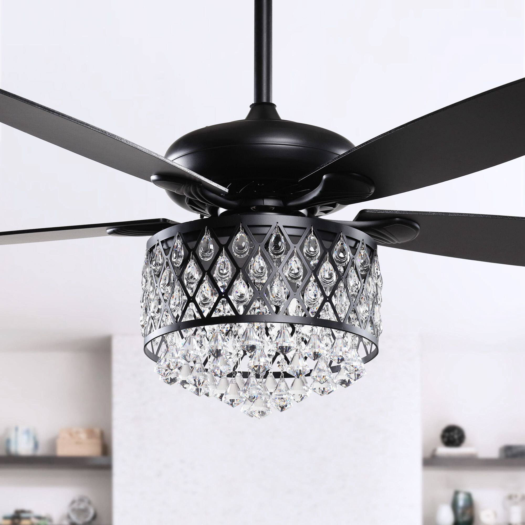 Alt View 8. Parrot Uncle - 52" Modern Black Crystal Chandelier Indoor Ceiling Fan with Remote - Black.