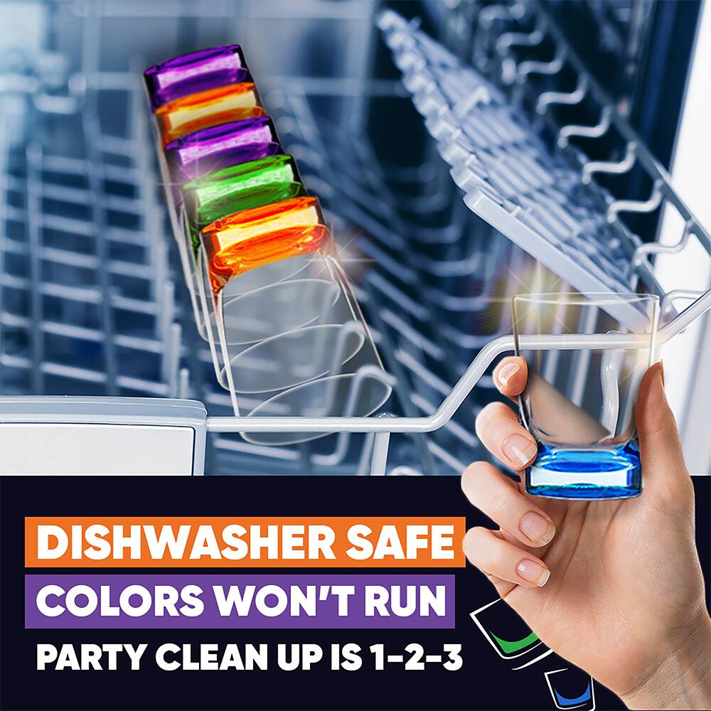 DISHWASHER SAFE  
COLORS WON'T RUN  
PARTY CLEAN UP IS 1-2-3