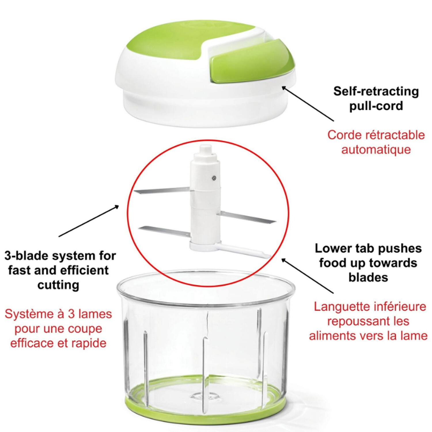 Self-retracting pull-cord  
Corde rétractable automatique  

3-blade system for fast and efficient cutting  
Système à 3 lames pour une coupe efficace et rapide  

Lower tab pushes food up towards blades  
Languette inférieure repoussant les aliments vers la lame