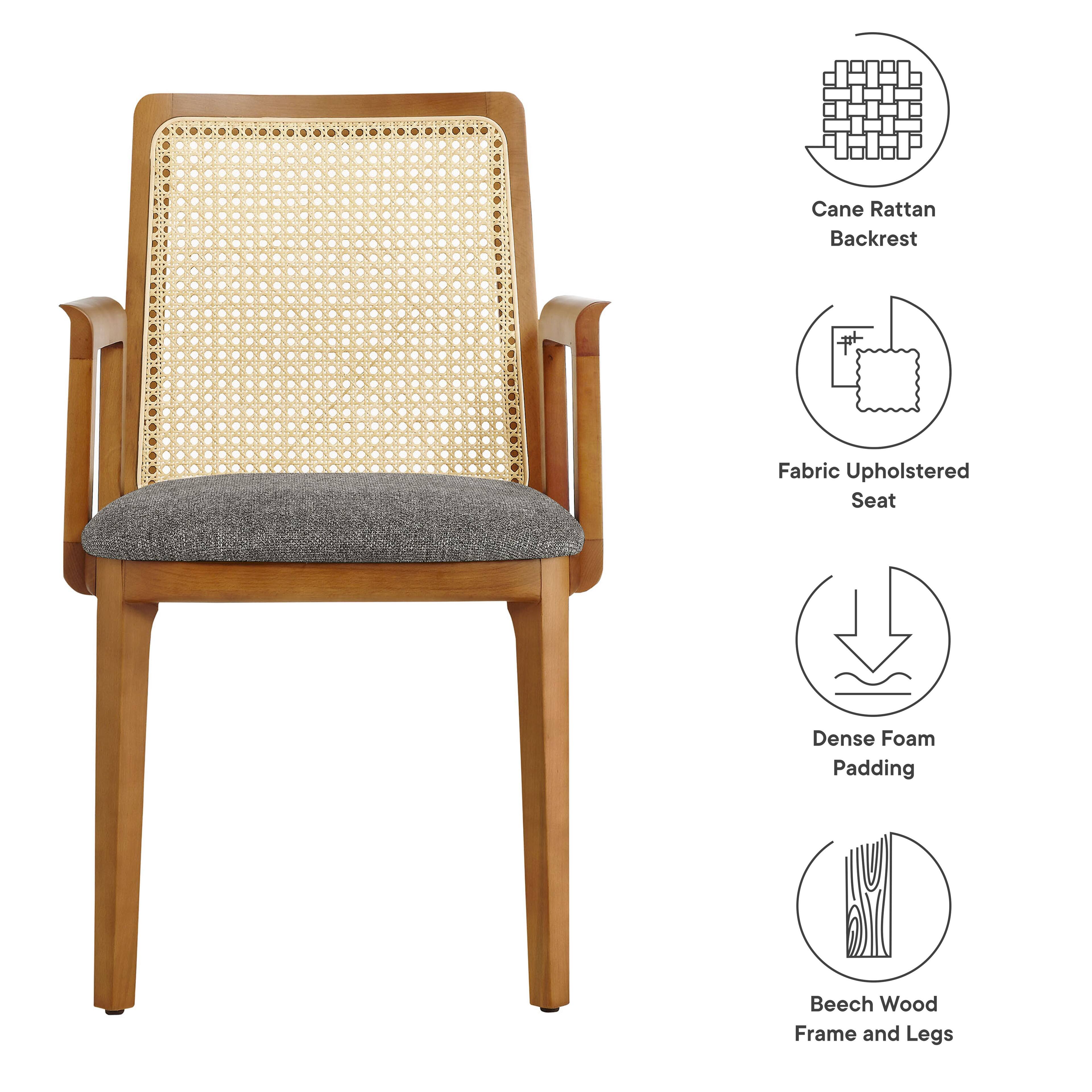 Cane Rattan Backrest  
Fabric Upholstered Seat  
Dense Foam Padding  
Beech Wood Frame and Legs