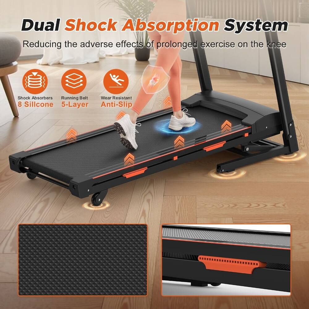 Dual Shock Absorption System  
Reducing the adverse effects of prolonged exercise on the knee  

Shock Absorbers  
Running Belt  
Wear Resistant  
8 Silicone  
5-Layer  
Anti-Slip