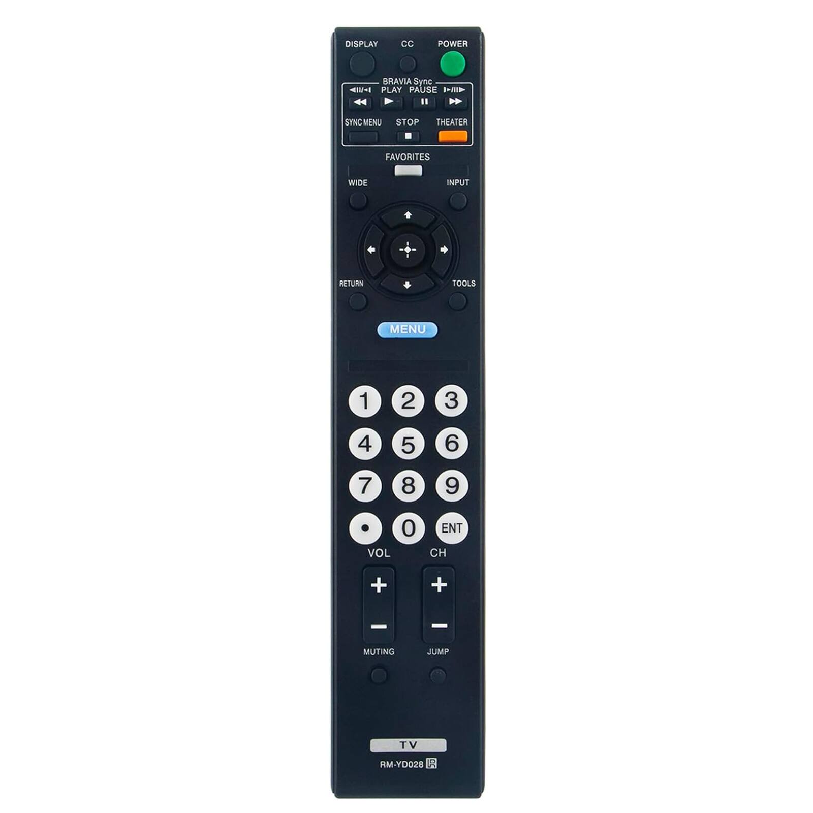 DISPLAY CC POWER BRAVIA Sync PLAY PAUSE SYNC MENU STOP THEATER FAVORITES WIDE INPUT TOOLS MENU 1 2 3 4 5 6 7 8 9 VOL 0 ENT CH + + - MUTING JUMP TV RM-YD028