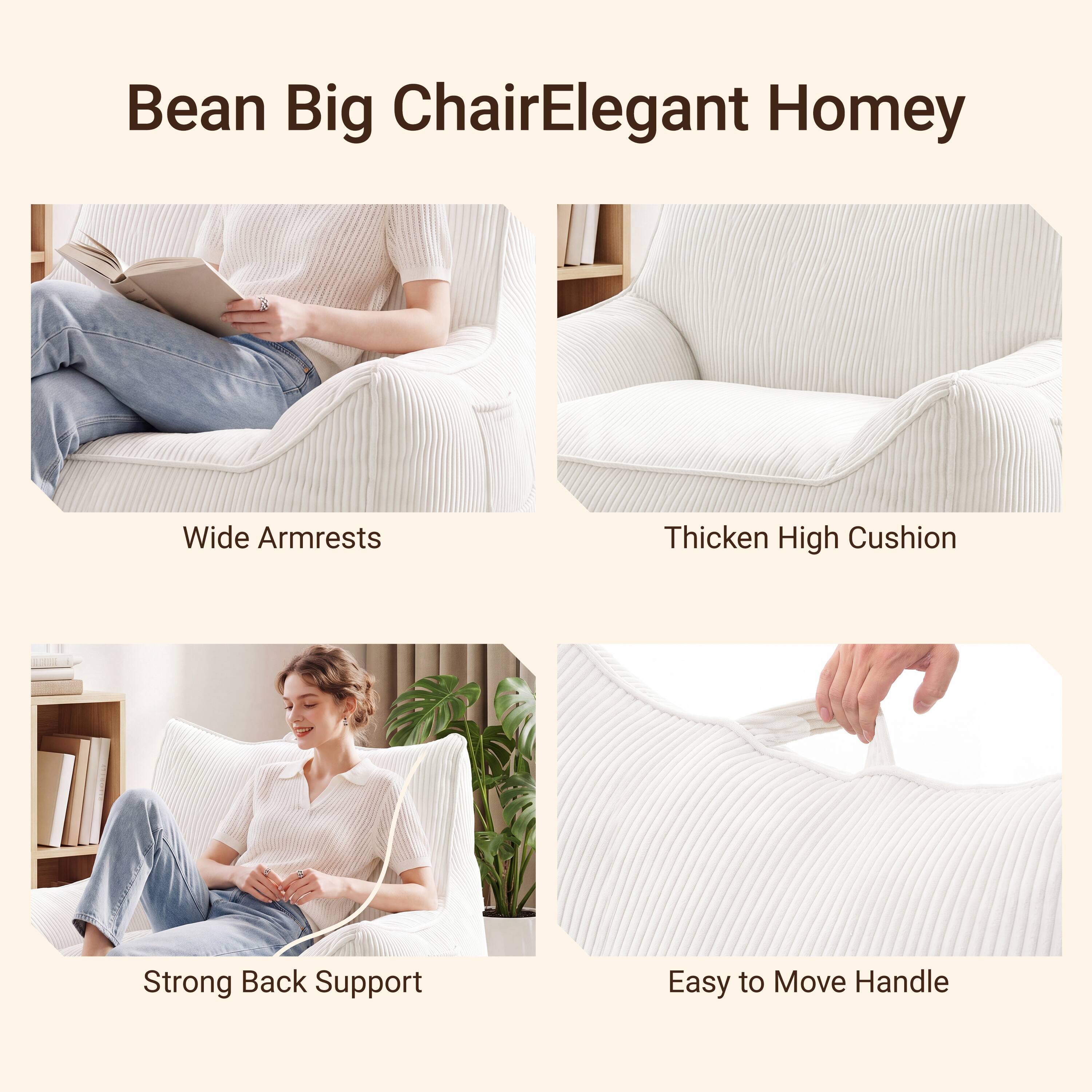 Bean Big Chair Elegant Homey

- Wide Armrests
- Thick High Cushion
- Strong Back Support
- Easy to Move Handle