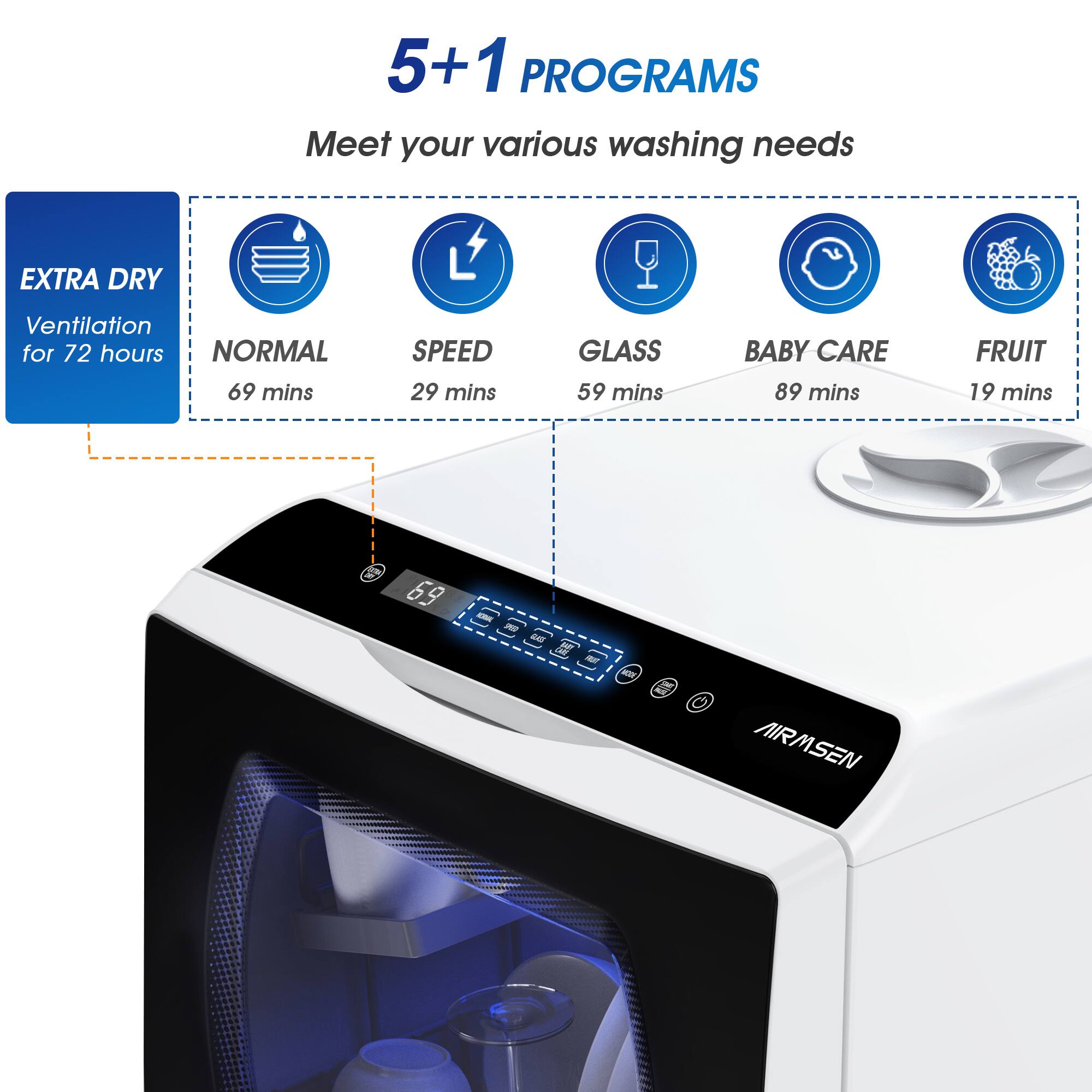 5+1 PROGRAMS Meet your various washing needs EXTRA DRY Ventilation for 72 hours NORMAL 69 mins SPEED 29 mins GLASS 59 mins BABY CARE 89 mins FRUIT 19 mins AIRMSEN AIR