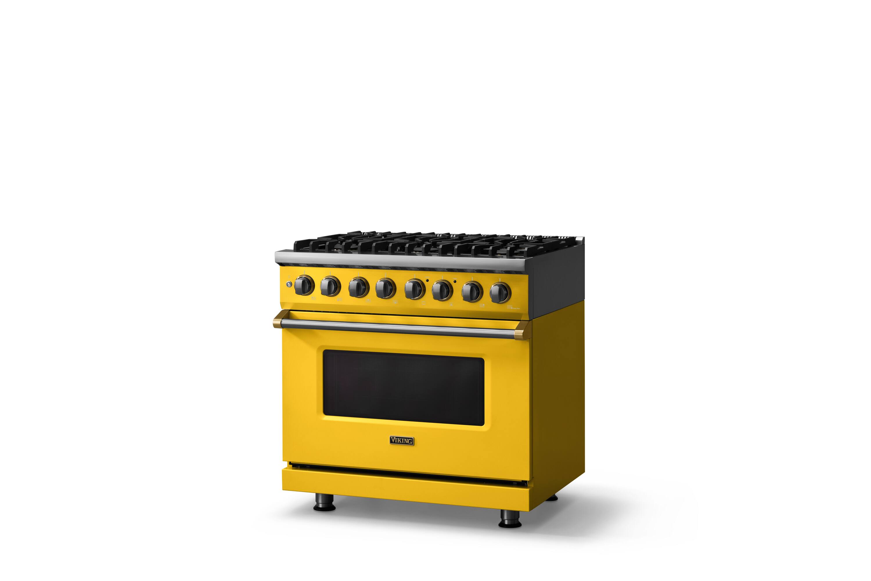 Angle. Viking - 36"W 5.6 Cu.Ft. Pro5S Freestanding Sealed 6 Burner Dual Fuel Convection Range - Daffodil w. Brushed Brass Trim - Daffodil.