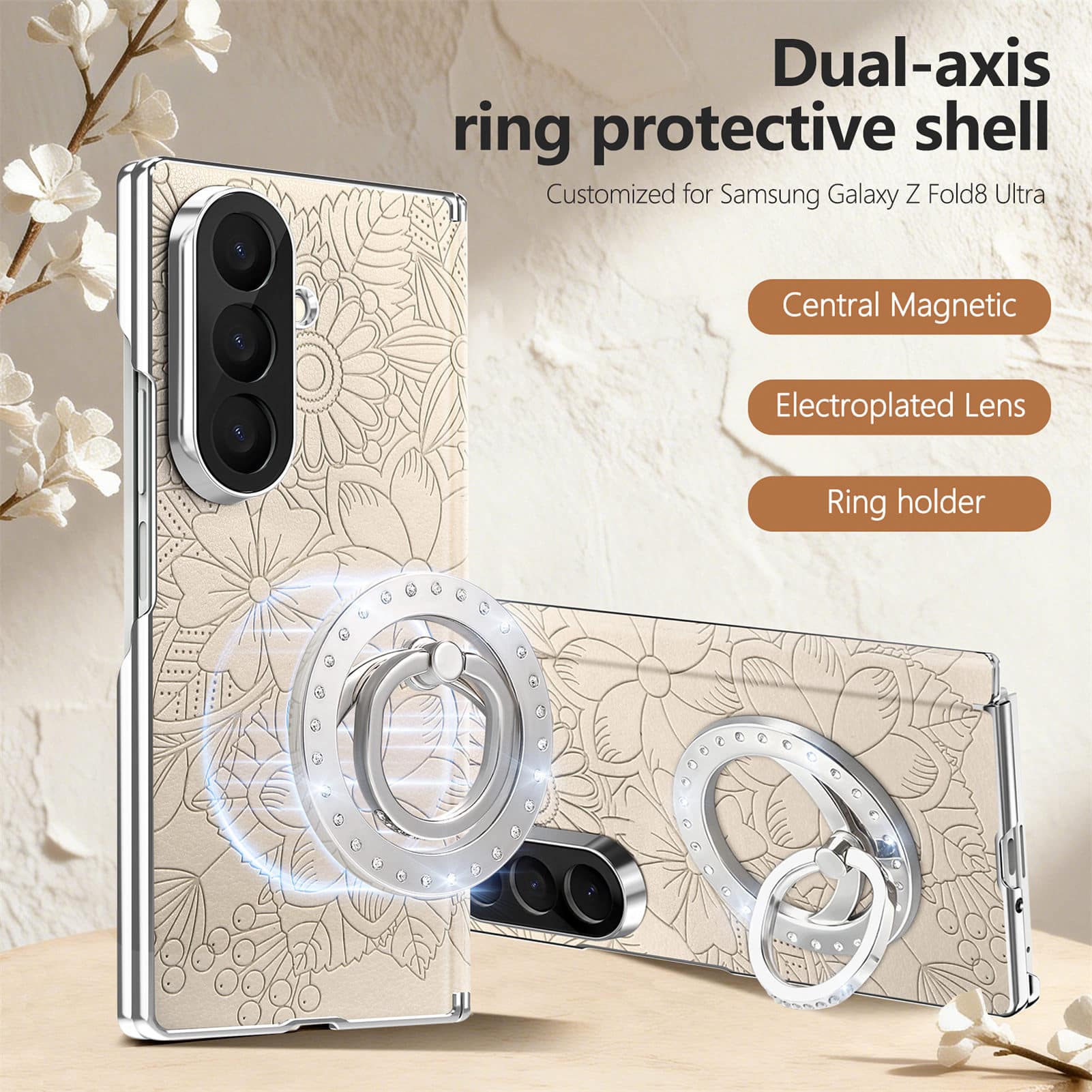 Dteck - Shockproof Leather Texture Case for Samsung Galaxy Z Fold8 Ultra with Ring Stand, Magnetic Rigid Plastic Hinge Cover - Apricot price history on PriceWatchPro