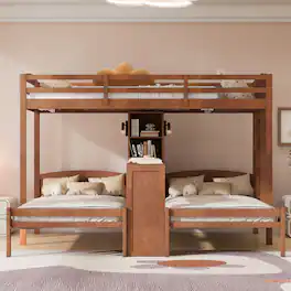 Anysun - 3 Beds in 1 Design Twin Bunk Bed with Built-in Desk, Storage Shelves & Reading Lamp, Space-Saving Multi-Function - Natural