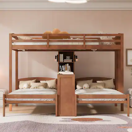 Front. Anysun - 3 Beds in 1 Design Twin Bunk Bed with Built-in Desk, Storage Shelves & Reading Lamp, Space-Saving Multi-Function - Natural.