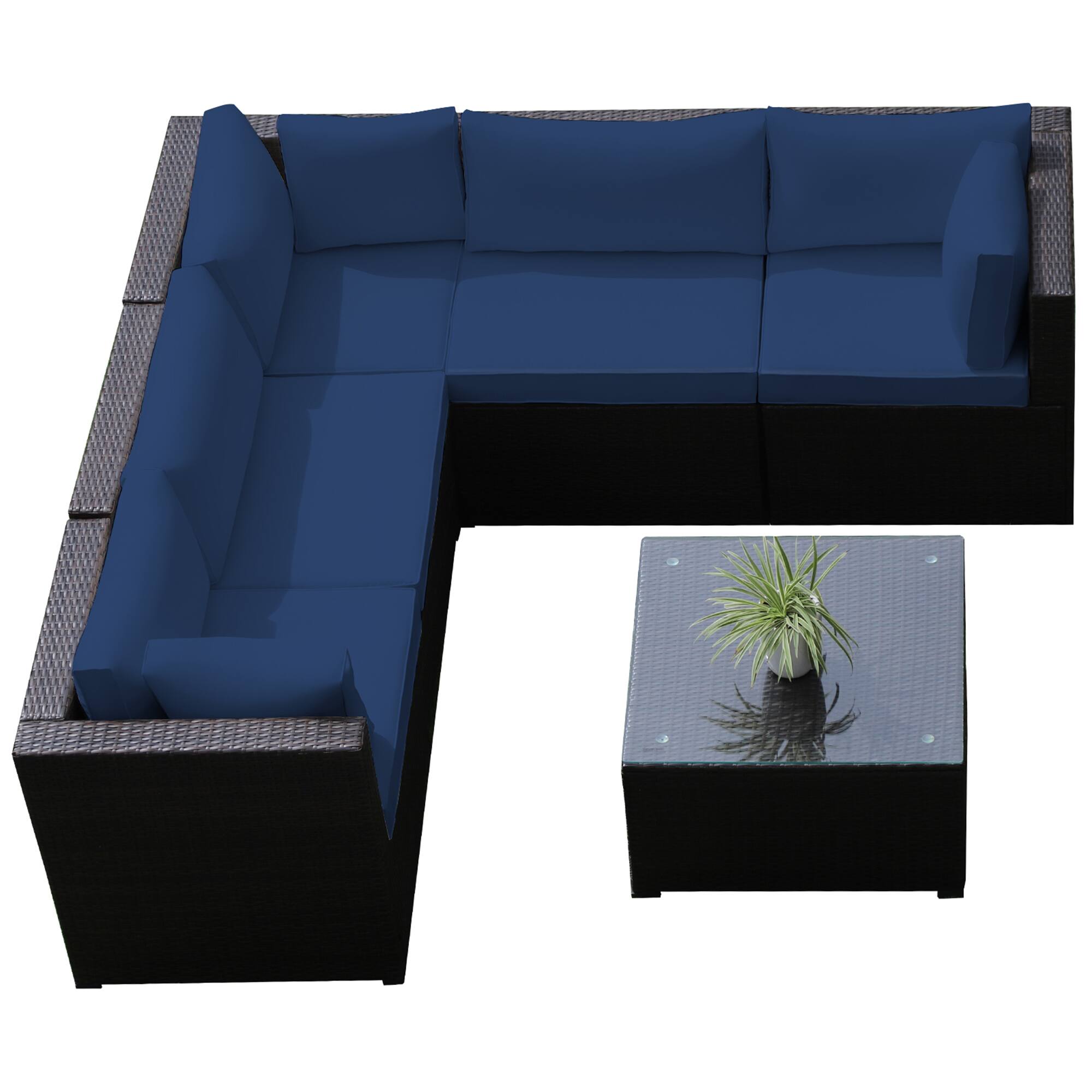 Alt View 5. Gymax - Gymax 6PCS Rattan Patio Sectional Sofa Conversation Set Outdoor w/ Navy Cushions - Navy Blue.