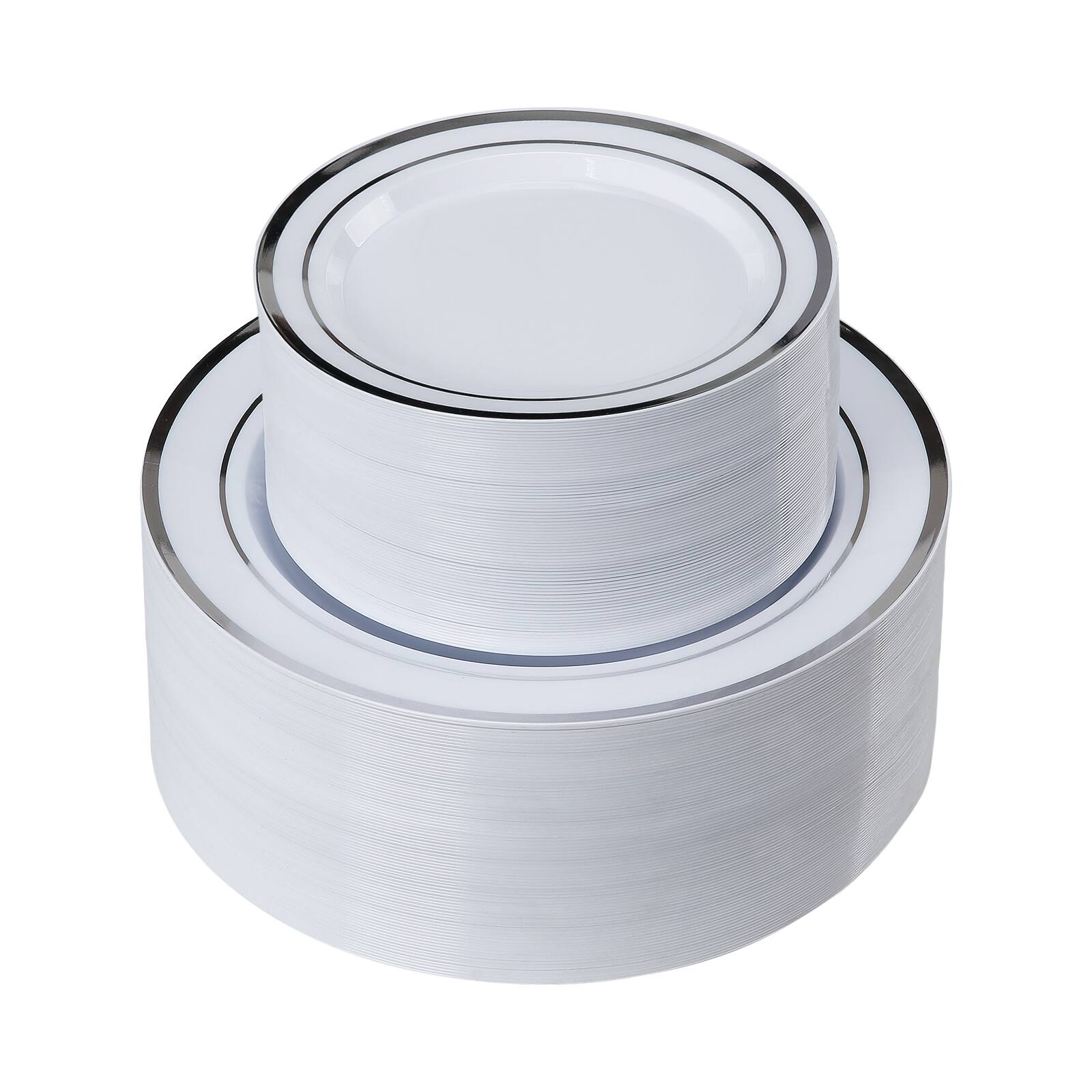 Alt View 5. VEVOR - Plastic Disposable Plates, 350 Pcs Plastic Dinnerware Set, Include 50 Dinner Plates, 50 Dessert Plates - White + Silver.