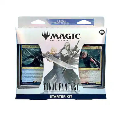 2 DECKS READY TO PLAY
MAGIC THE GATHERING
13+
Sephiroth, Planet's Heir
Legendary Creature — Human Avatar Soldier
Vigilance (Attacking doesn't cause this creature to tap.)
When Sephiroth enters the battlefield, creatures your opponents control get -2/-2 until end of turn.
Whenever a creature an opponent controls dies, put a +1/+1 counter on Sephiroth.
Cloud's Champion
Legendary Creature — Human Soldier Mercenary
3/3
Whenever Cloud is equipped, as long as Cloud is equipped, whenever Cloud deals combat damage to a creature, that creature gets -2/-2 until end of turn.
Whenever you activate an ability that targets Cloud, you may have that ability affect Sephiroth as well.
"This is the end for all of you."
"This isn't the end!"
FINAL FANTASY STARTER KIT