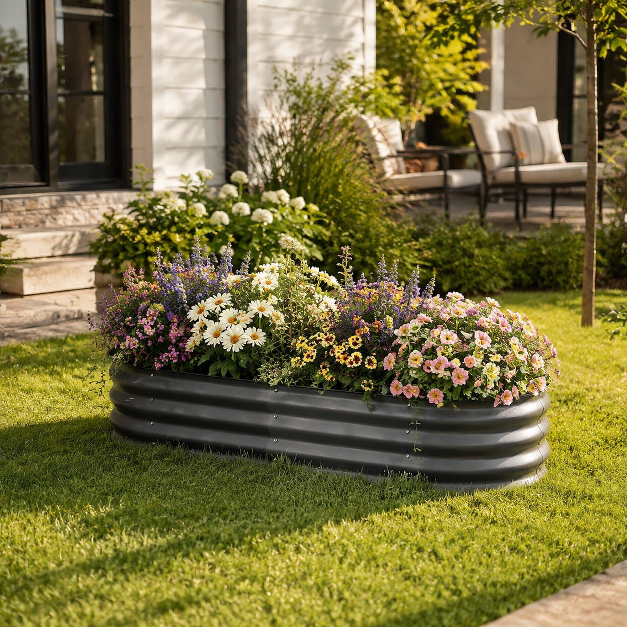 Angle. RYHNUYNE - Galvanized Raised Garden Bed Kit 4.9x2x1 ft Outdoor Metal Planter Box with Safety Edging for Vegetables Flowers - Gray.