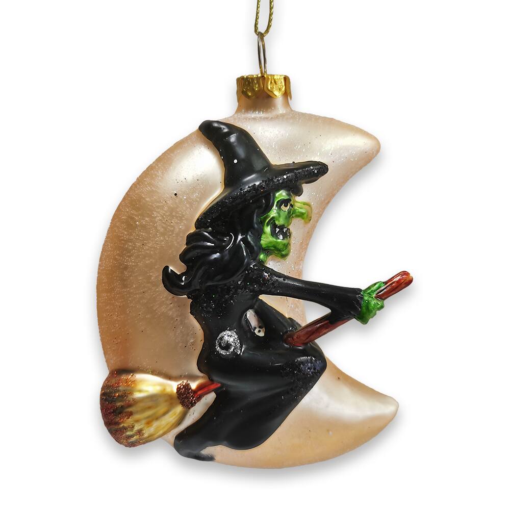 Front. OrnamentallyYou - Wicked Witch and Crescent Moon Glass Christmas Ornament Spooky Halloween Gift - Multi-colored.