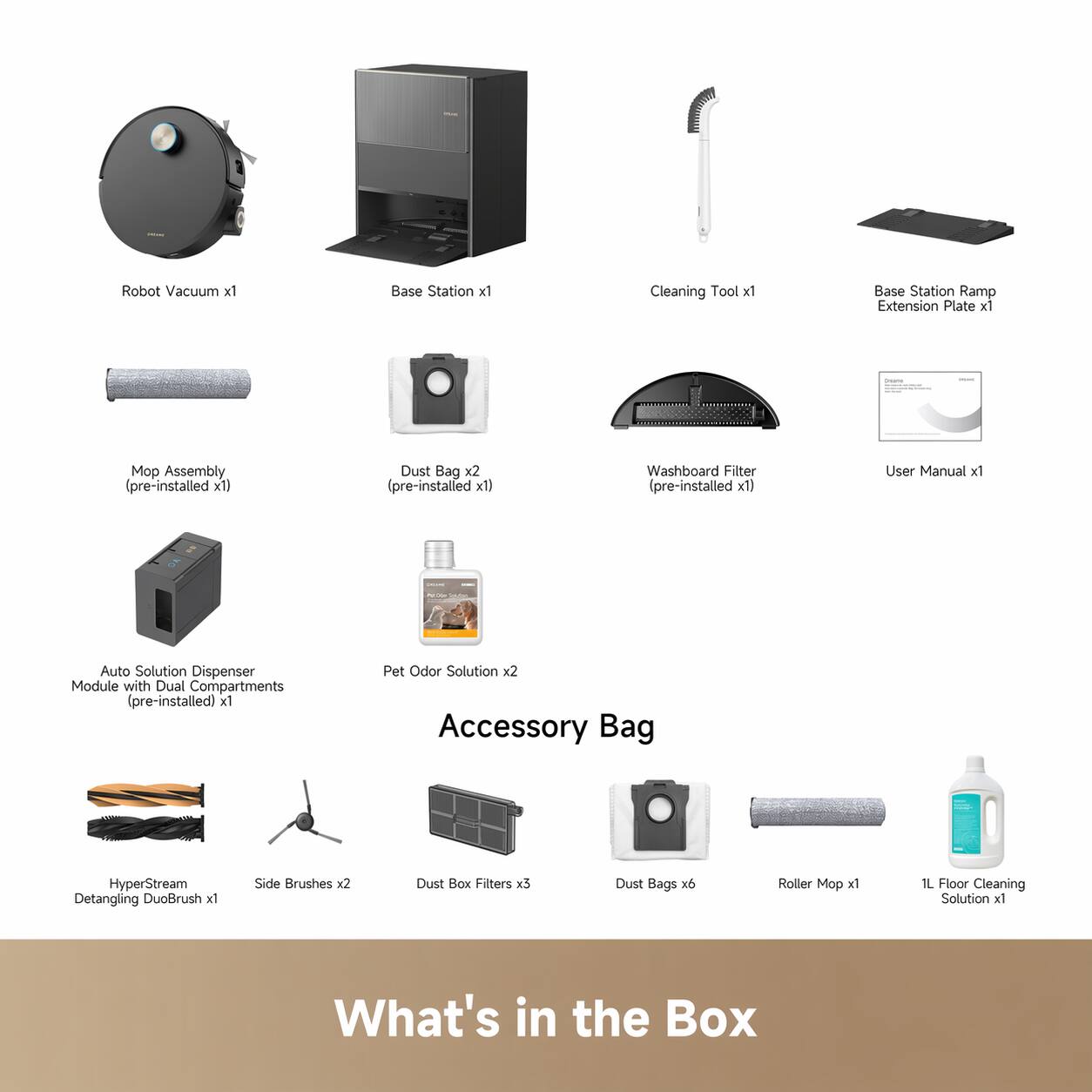Robot Vacuum x1  
Base Station x1  
Cleaning Tool x1  
Base Station Ramp Extension Plate x1  
Mop Assembly (pre-installed x1)  
Dust Bag x2 (pre-installed x1)  
Washboard Filter (pre-installed x1)  
User Manual x1  
Auto Solution Dispenser Module with Dual Compartments (pre-installed) x1  
Pet Odor Solution x2  
Accessory Bag  
HyperStream Detangling DuoBrush x1  
Side Brushes x2  
Dust Box Filters x3  
Dust Bags x6  
Roller Mop x1  
1L Floor Cleaning Solution x1  

What's in the Box