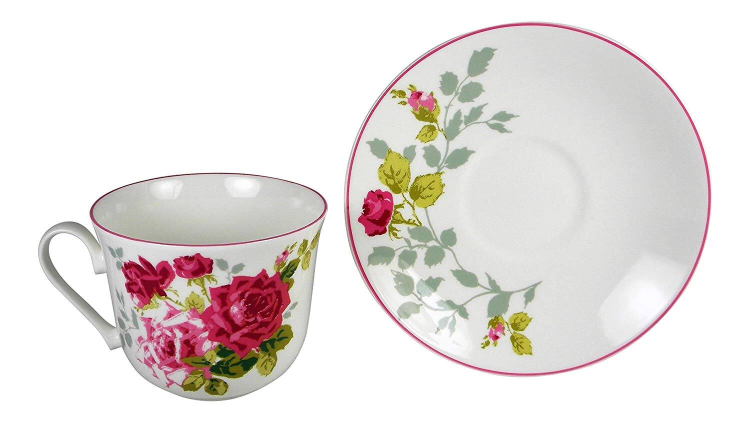 Left. Jiallo - Roy Kirkham TEACUP & SAUCER ROSA ALBA  Bone China Made in England Set of 2 - Mutli color.