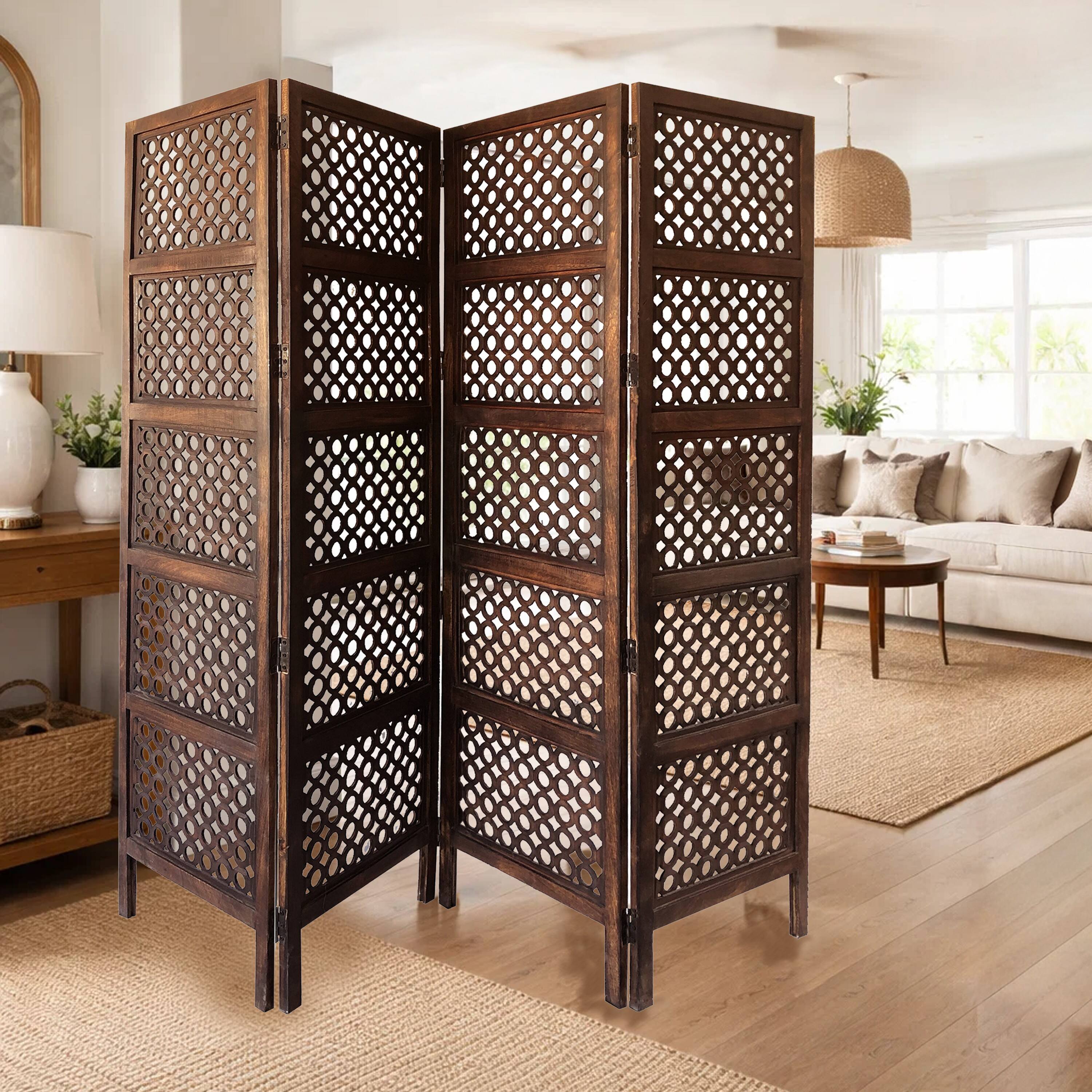 Alt View 7. Manhattan Lane - Decorative Four Panel Mango Wood Hinged Room Divider with Circular Cutout Design - Brown.