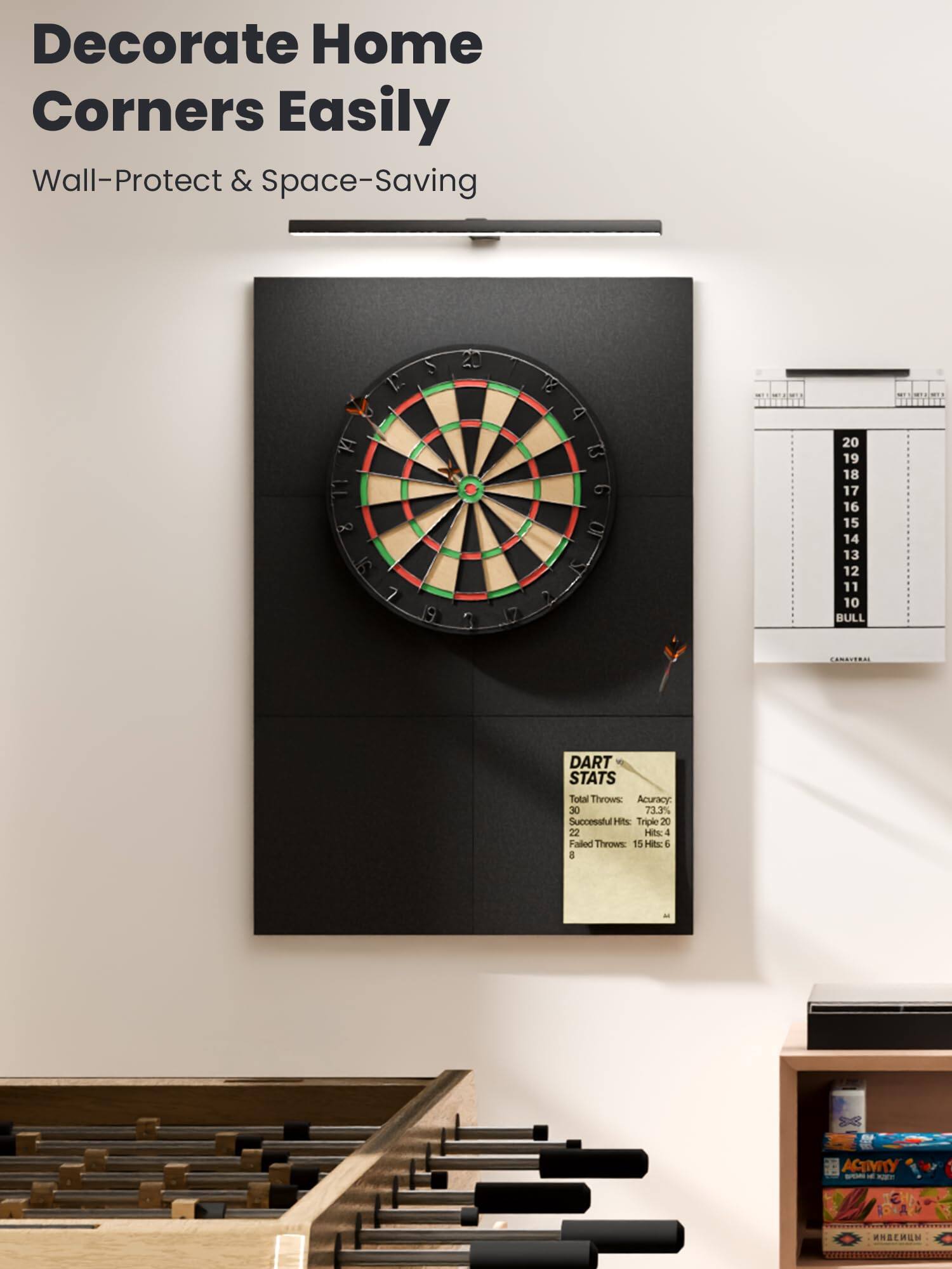 Decorate Home Corners Easily  
Wall-Protect & Space-Saving  

DART STATS  
Total Throws: 30  
Accuracy: 73.3%  
Successful Hits: 22  
Triple 20 Hits: 4  
Failed Throws: 15  
Hits: 15