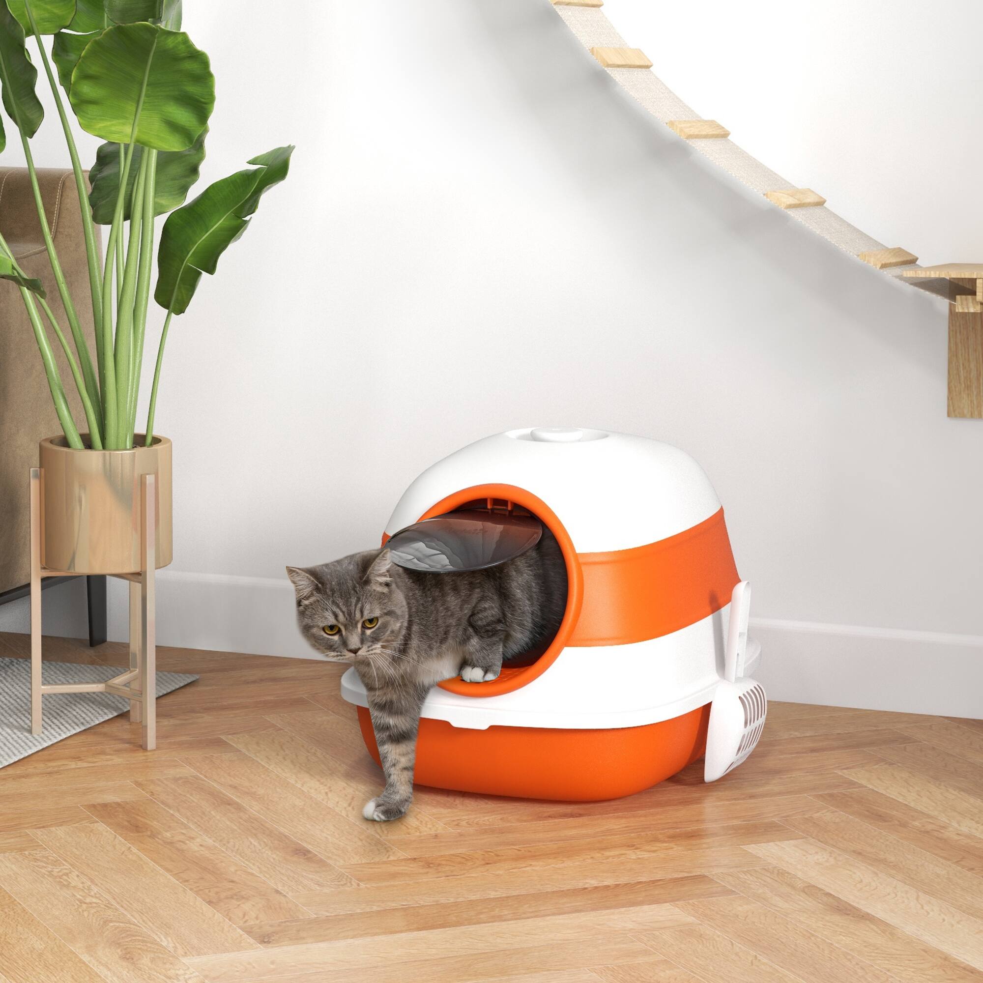 Left. Dexmalle - Dexmalle-Foldable Cat Litter Box with Lid,Air Freshener-Orange - Orange.