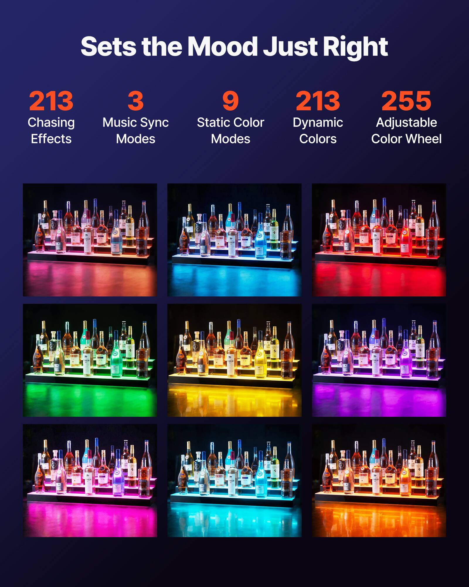 Sets the Mood Just Right

- 213 Chasing Effects
- 3 Music Sync Modes
- 9 Static Color Modes
- 213 Dynamic Colors
- 255 Adjustable Color Wheel