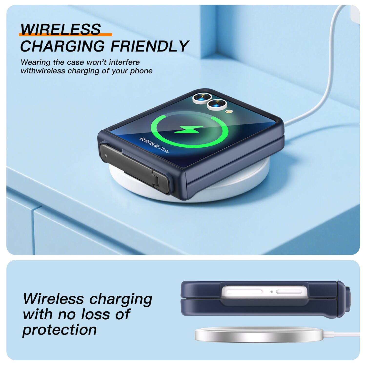 WIRELESS CHARGING FRIENDLY  
Wearing the case won't interfere with wireless charging of your phone  

Wireless charging with no loss of protection