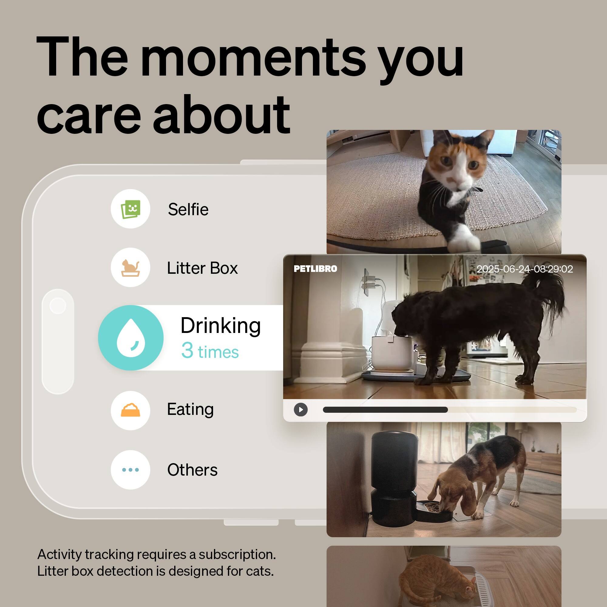 The moments you care about

Selfie
Litter Box PETLIBRO
Drinking 3 times
Eating
Others

Activity tracking requires a subscription. Litter box detection is designed for cats.