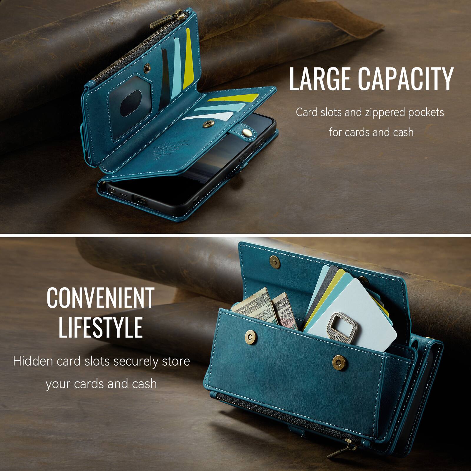 LARGE CAPACITY  
Card slots and zippered pockets for cards and cash  

CONVENIENT LIFESTYLE  
Hidden card slots securely store your cards and cash