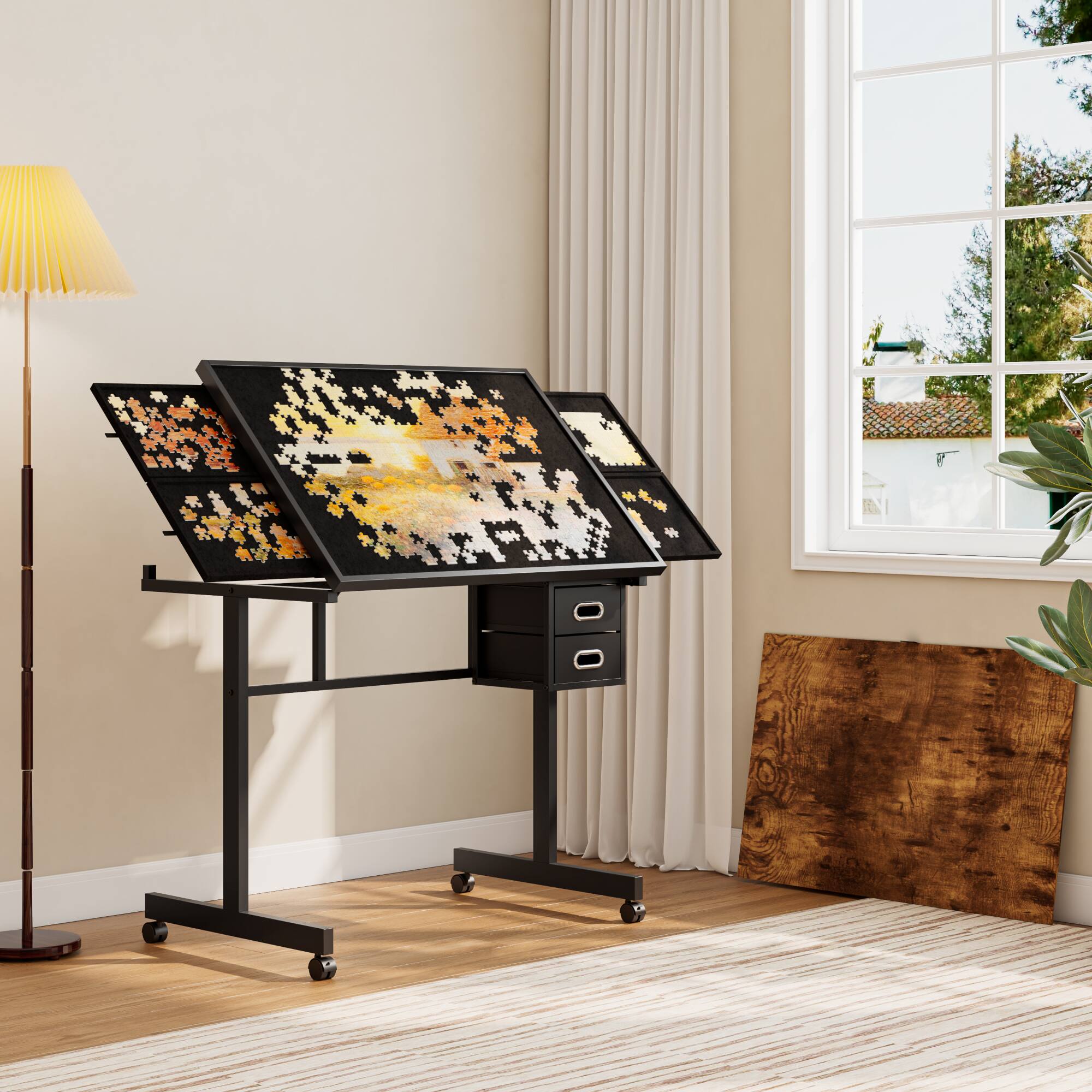 Back. GOODSILO - Professional 1000-Piece Jigsaw Puzzle Table with Storage Drawers and Mobile Base for Adult Hobbyists - Black.