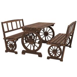 Resenkos - Patio Table and Chairs for 4 People, A Table And Two Dining Benches, Wagon Wheel Design, Pine Wood - Brown