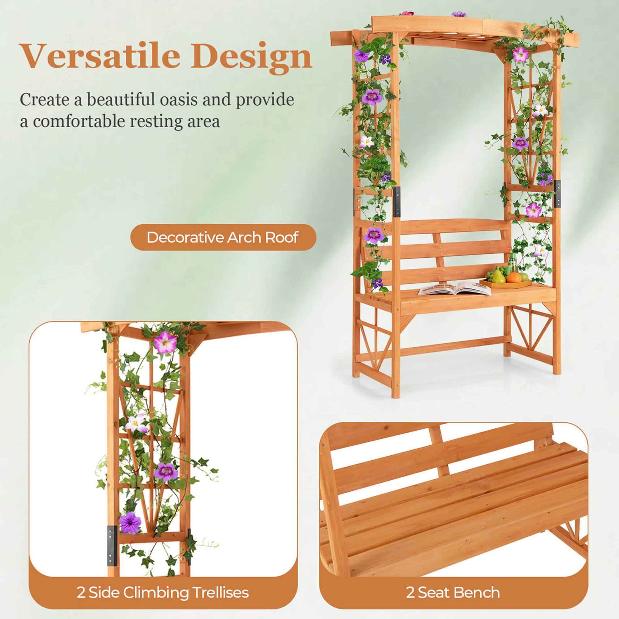 Versatile Design: Create a beautiful oasis and provide a comfortable resting area. Decorative Arch Roof: 2 Side Climbing Trellises, 2 Seat Bench.