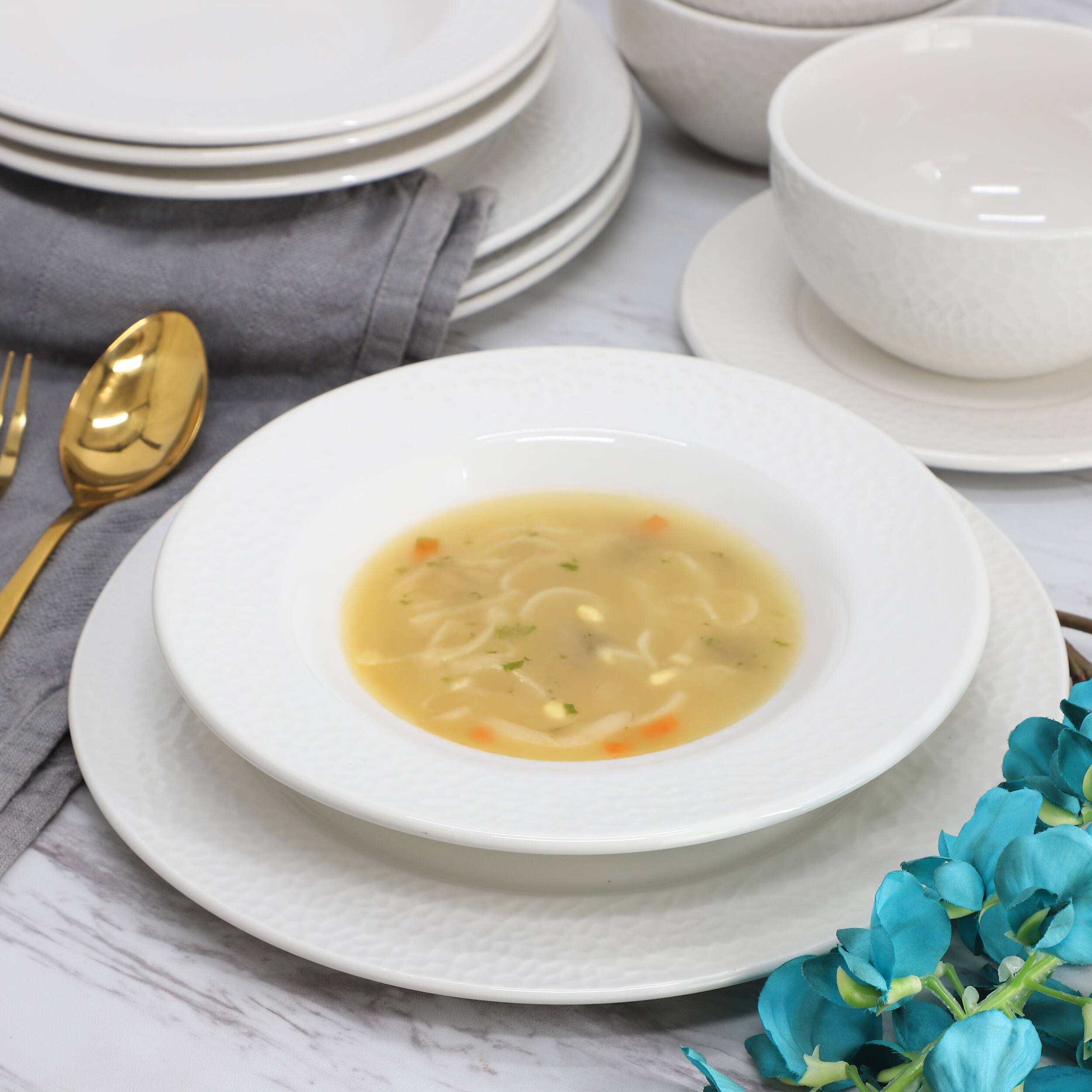 Alt View 7. Elama - Elama Soyer 16 Piece Textured Design Double Bowl Porcelain Dinnerware Set in White - White.