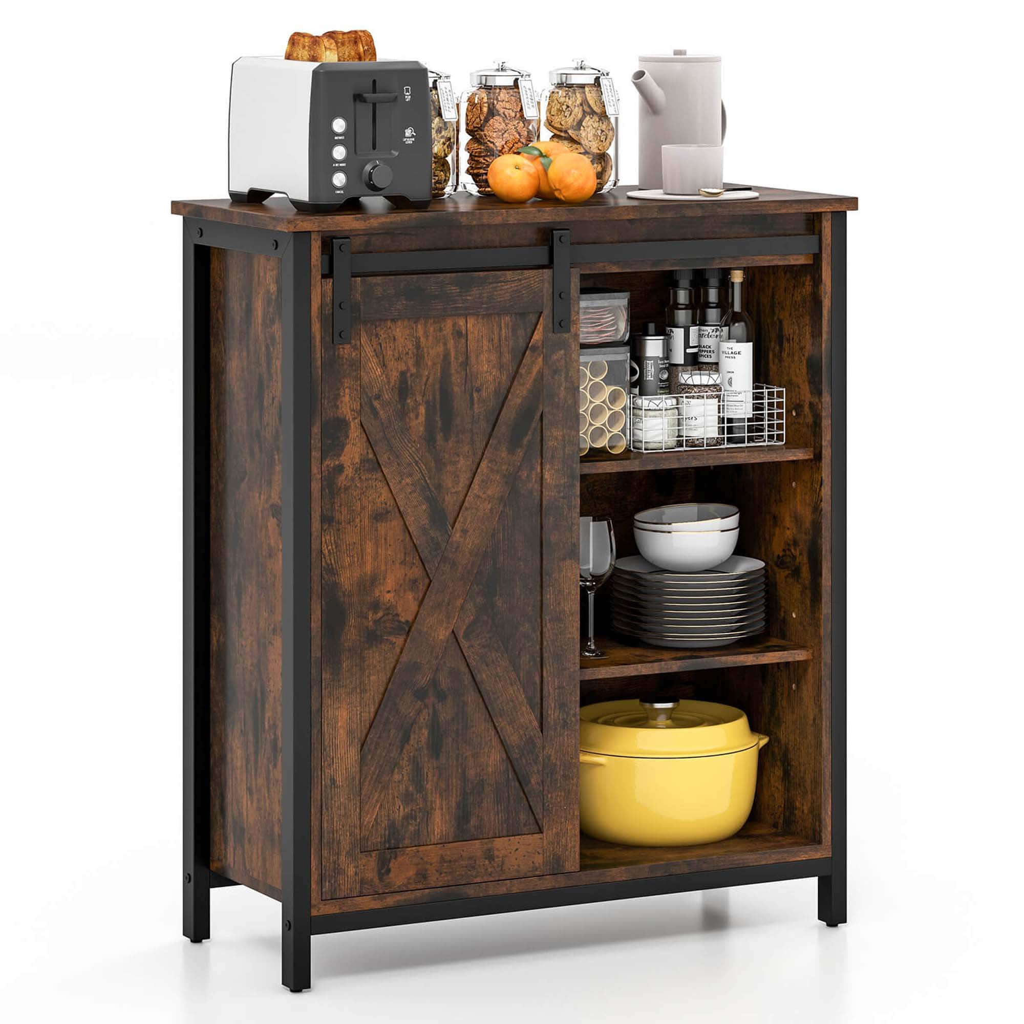 Costway - 32" Farmhouse Accent Storage Cabinet with Sliding Barn Door & Adjustable Shelves - Rustic Brown + Black