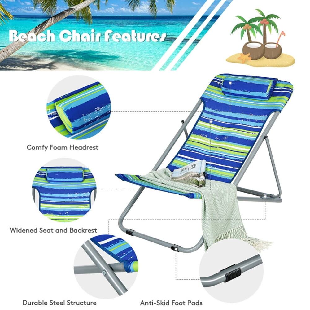 Beach Chair features:

- Comfy Foam Headrest
- Widened Seat and Backrest
- Durable Steel Structure
- Anti-Skid Foot Pads