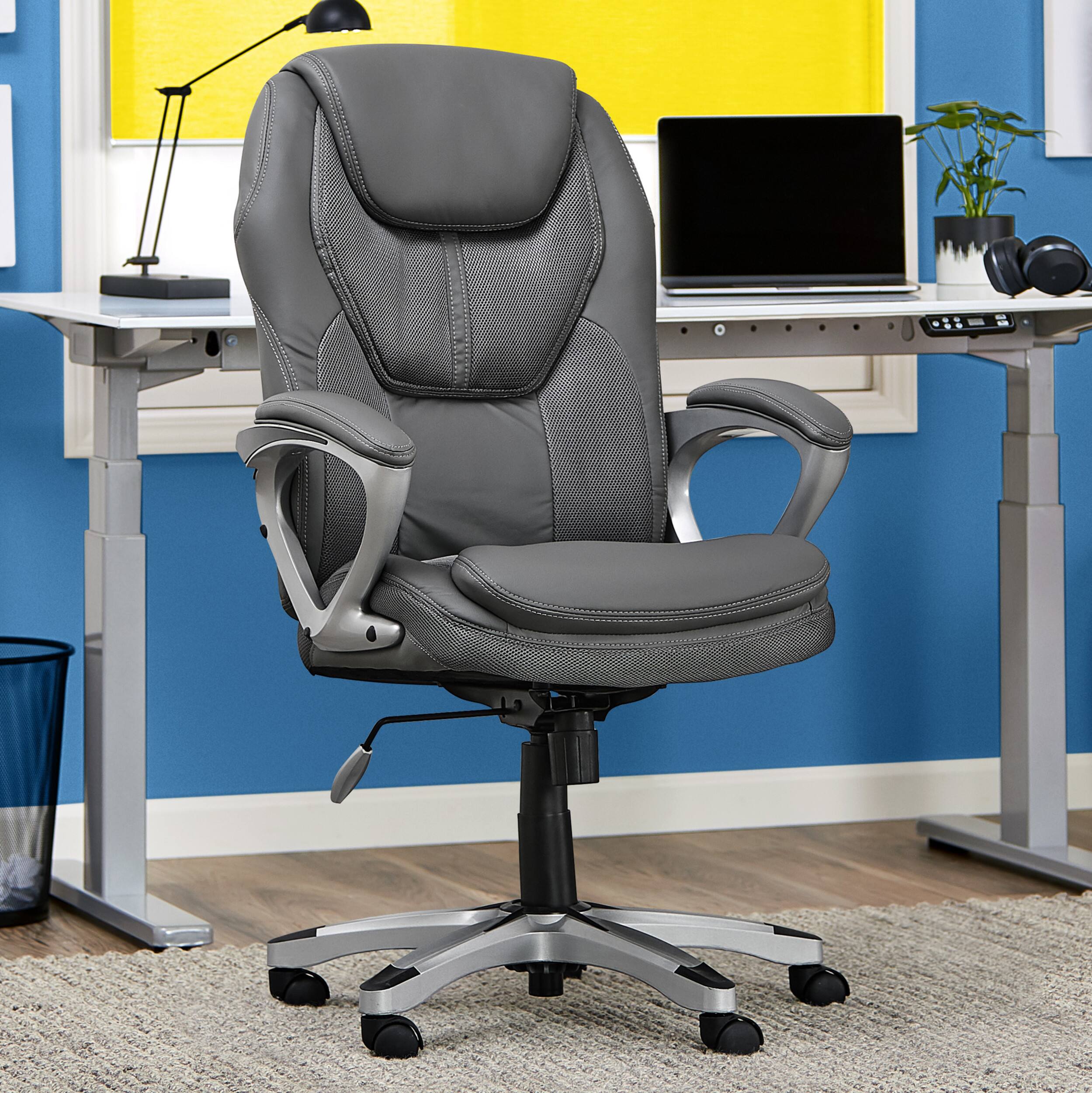 Left. Serta - Executive Office Chair with Ergonomic Lumbar Support Padded Arms Modern Computer Chair Swivel Leather and Mesh - Duo Gray.