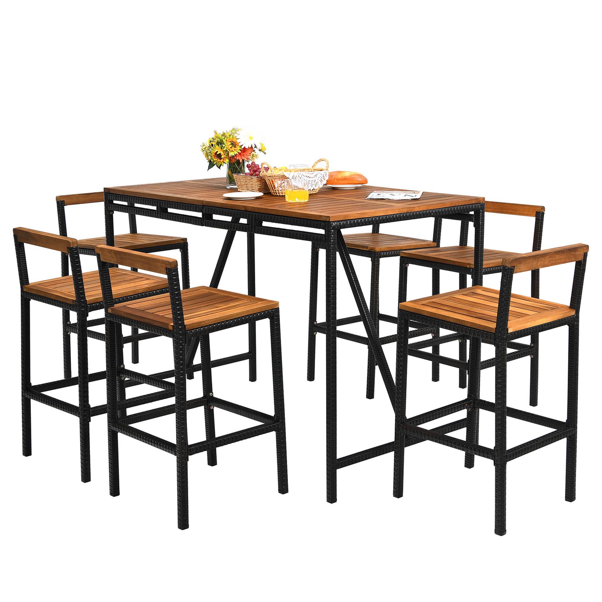 Alt View 1. Gymax - Gymax 7PCS Outdoor Acacia Wood Dining Set PE Rattan Patio Bar Set w/ Umbrella Hole - Black.