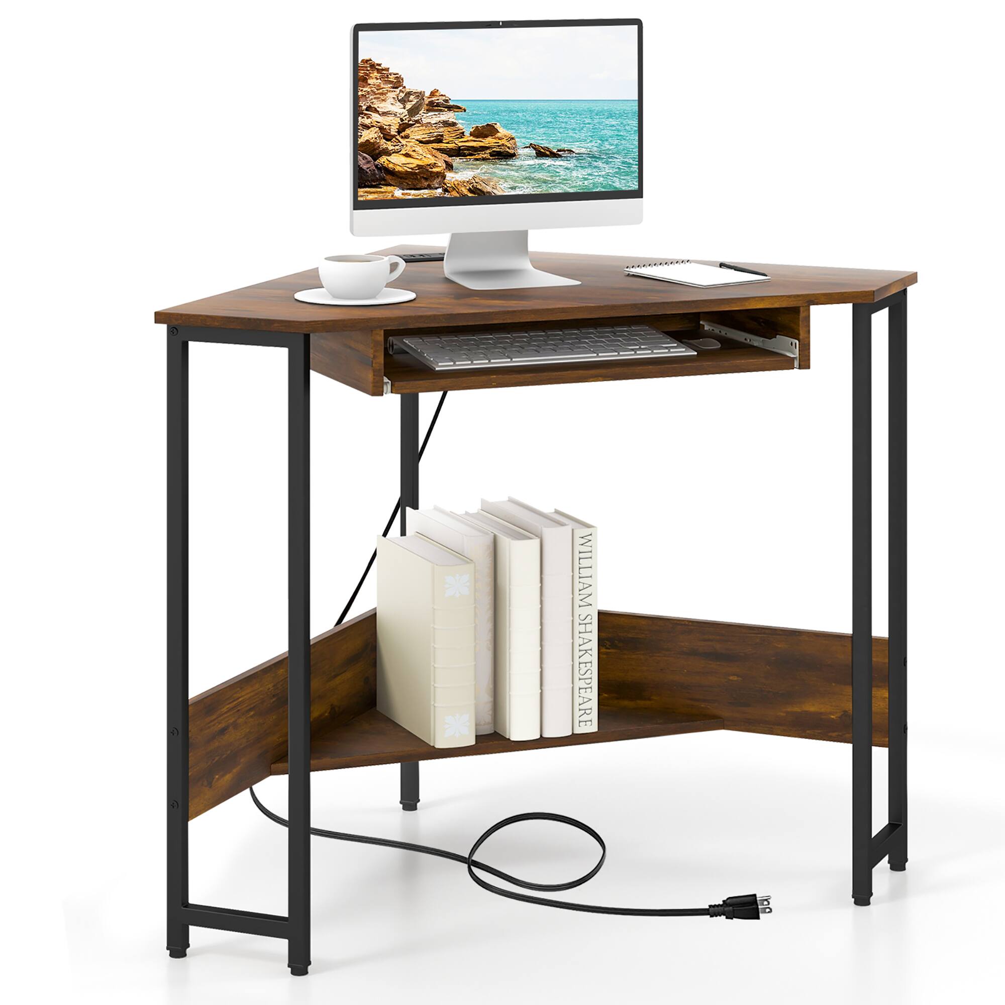 Costway - Triangle Corner Computer Desk w/ Charging Station Keyboard Tray & Storage Shelf - Rustic Brown,Black