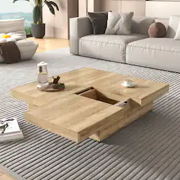 Loheer - 39.4” Square Coffee Table with Sliding Top, Hidden Storage, Wood Grain Veneer, Modern Living Room Table - Natural