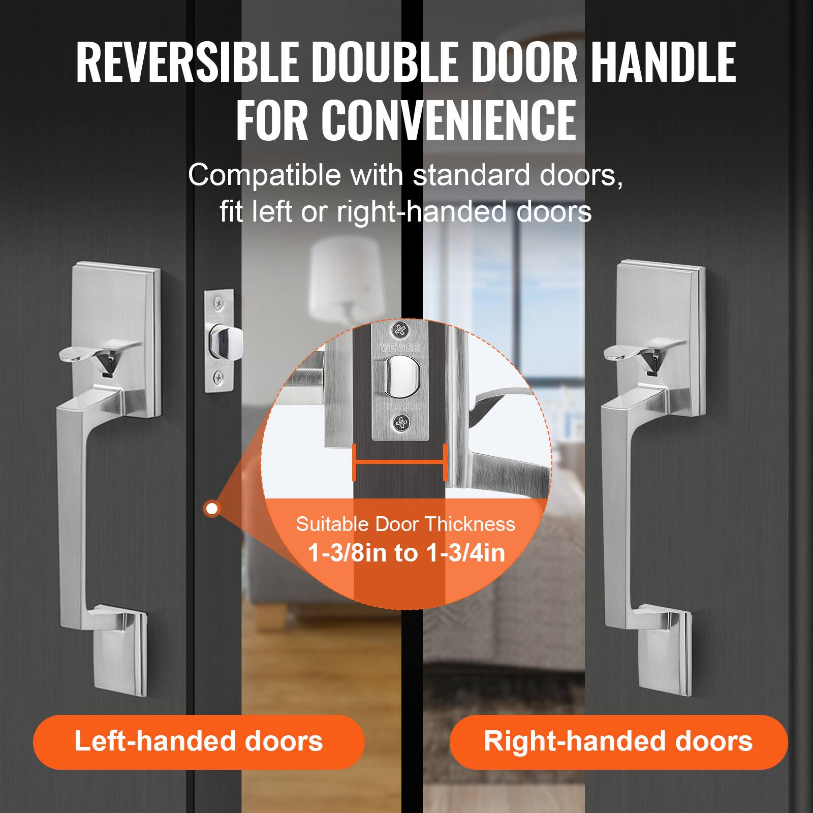 REVERSIBLE DOUBLE DOOR HANDLE FOR CONVENIENCE

Compatible with standard doors, fit left or right-handed doors

Suitable Door Thickness 1-3/8in to 1-3/4in

Left-handed doors

Right-handed doors